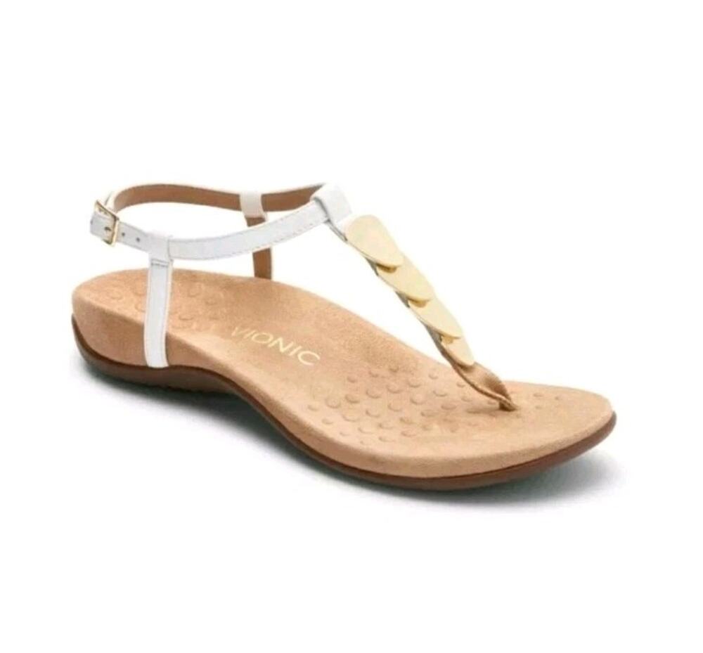 Vionic Miami Women's Sandals Size 9 White Gold Medallion Thong T Strap Comfort